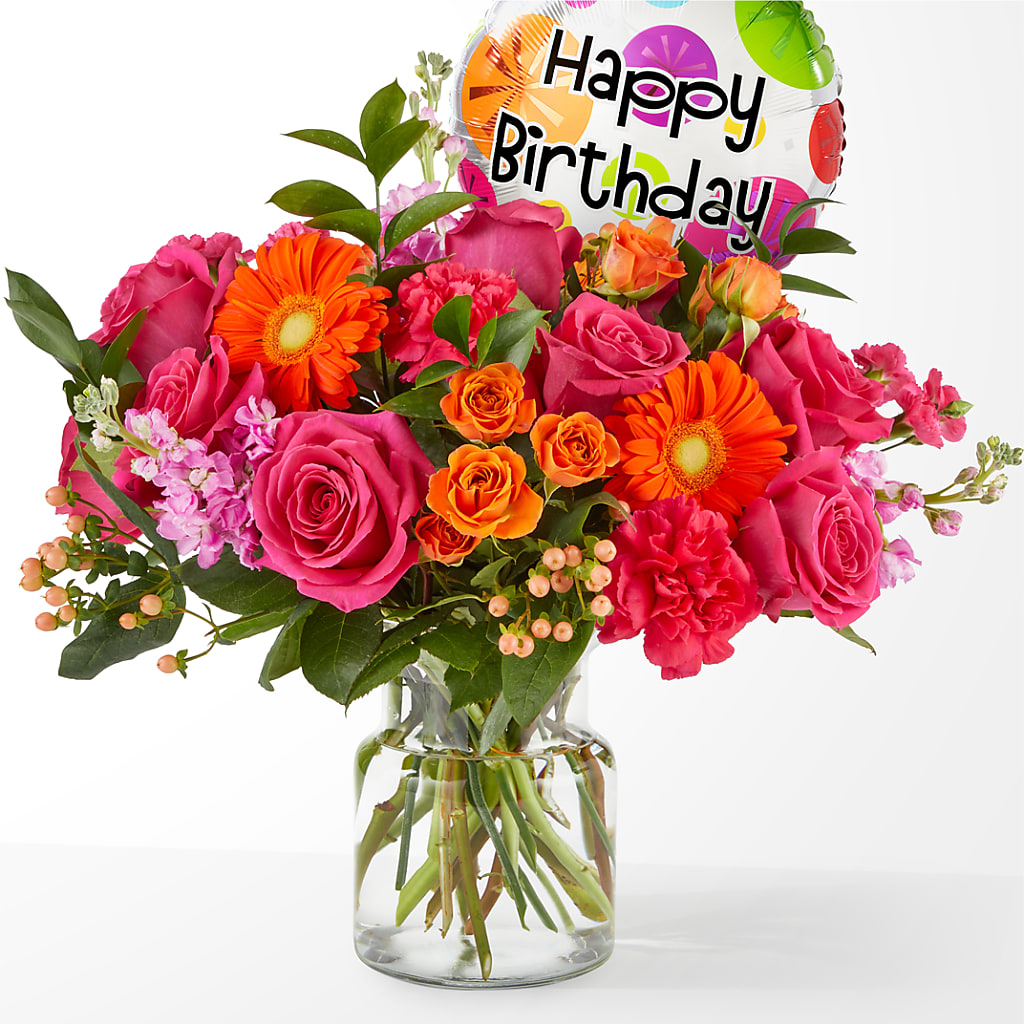Fiesta Bouquet with Birthday Balloon – Rose And Silk Florist Llc, Lewisville TX